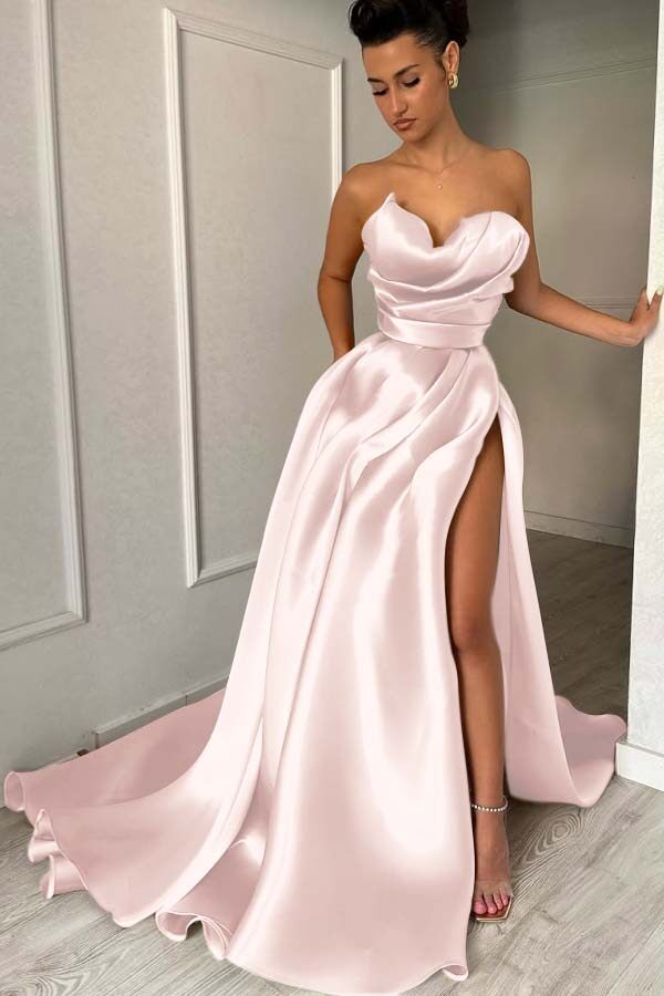 Strapless Sleeveless Long Formal Dress With High Split Pleated