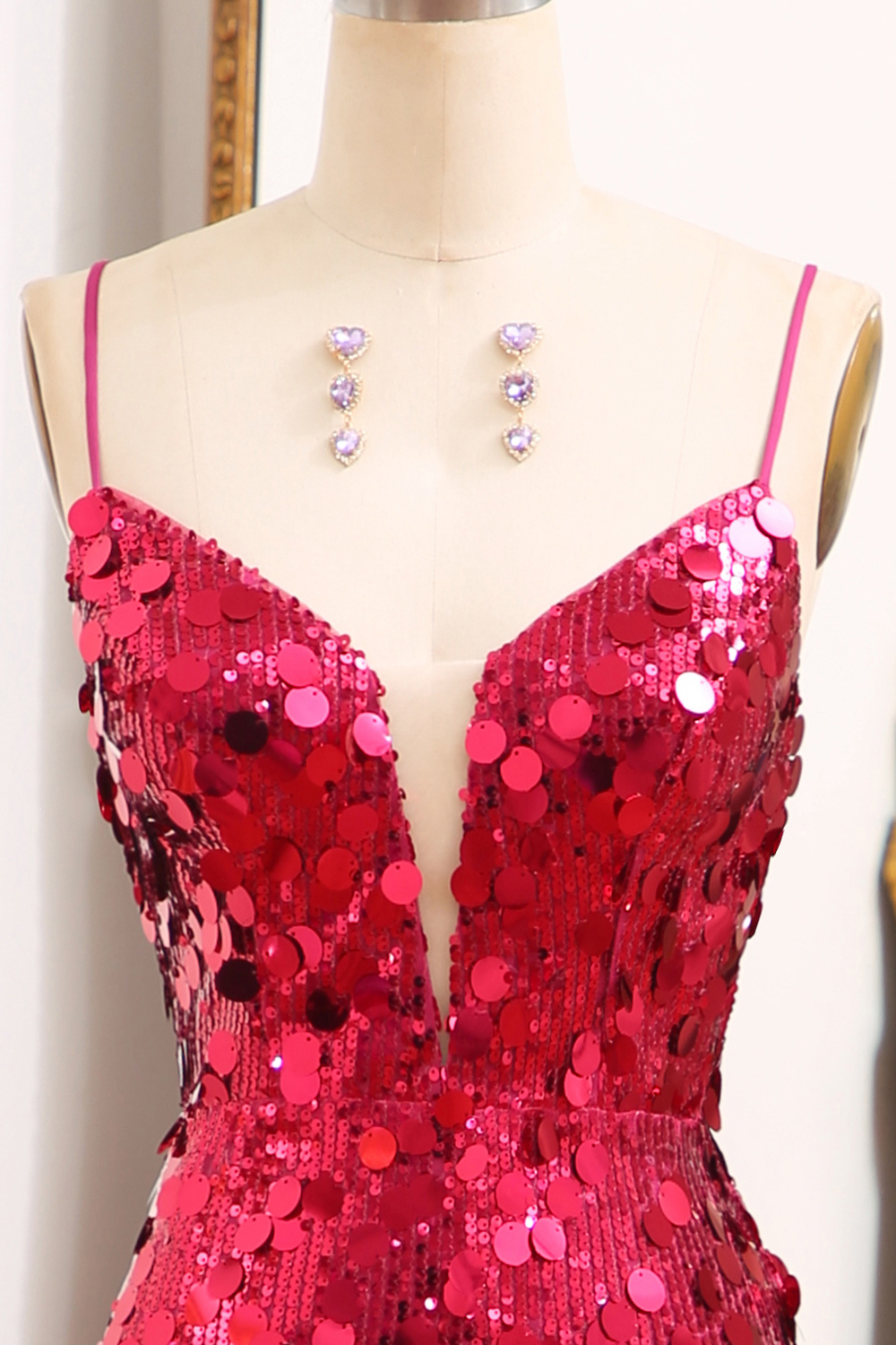 Long Sparkly Purple Prom Dress with Mermaid Silhouette Spaghetti Straps Sequins and Slit