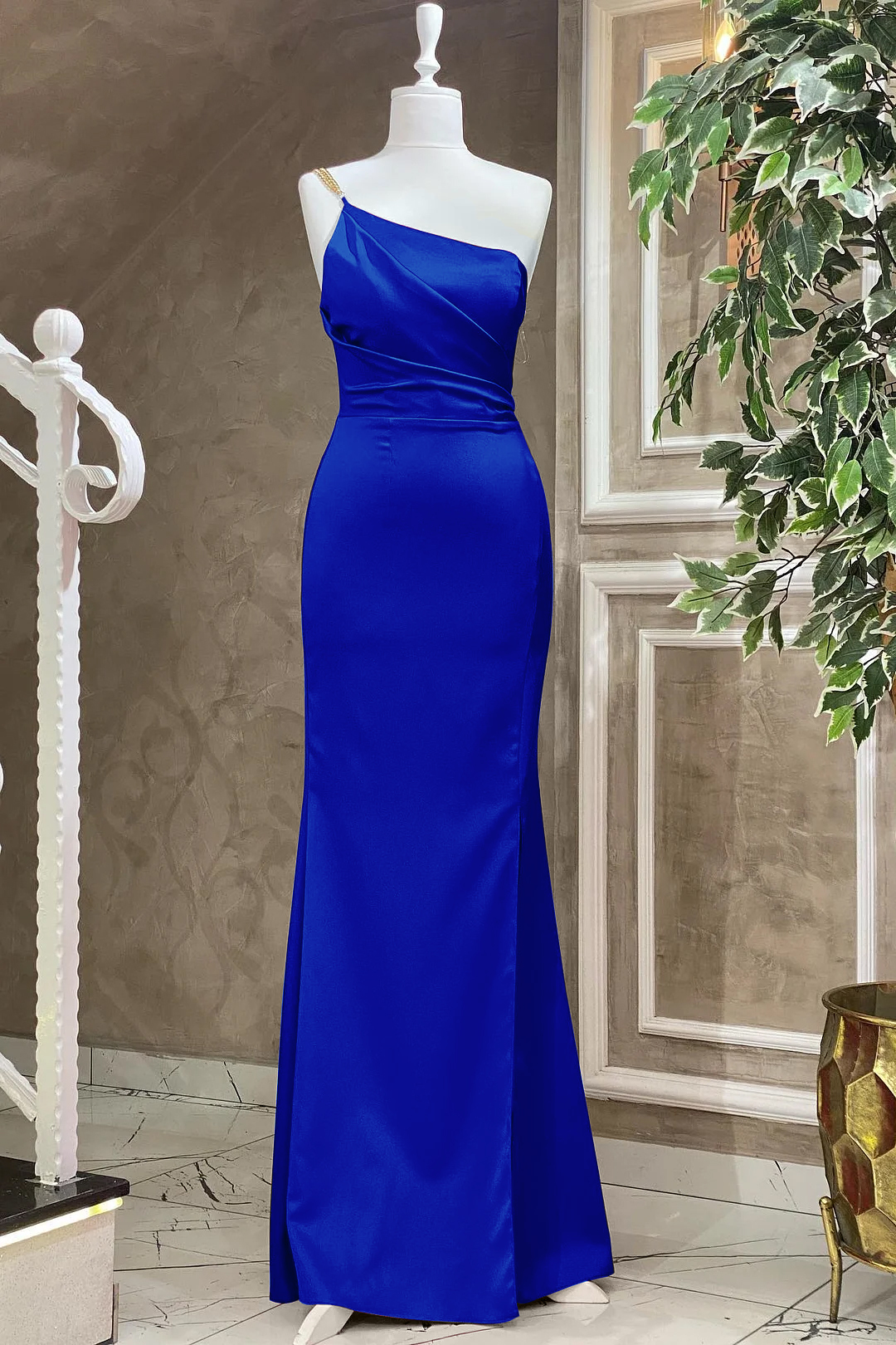 Fuchsia One Shoulder Floor Length Evening Dress With Pleat Mermaid