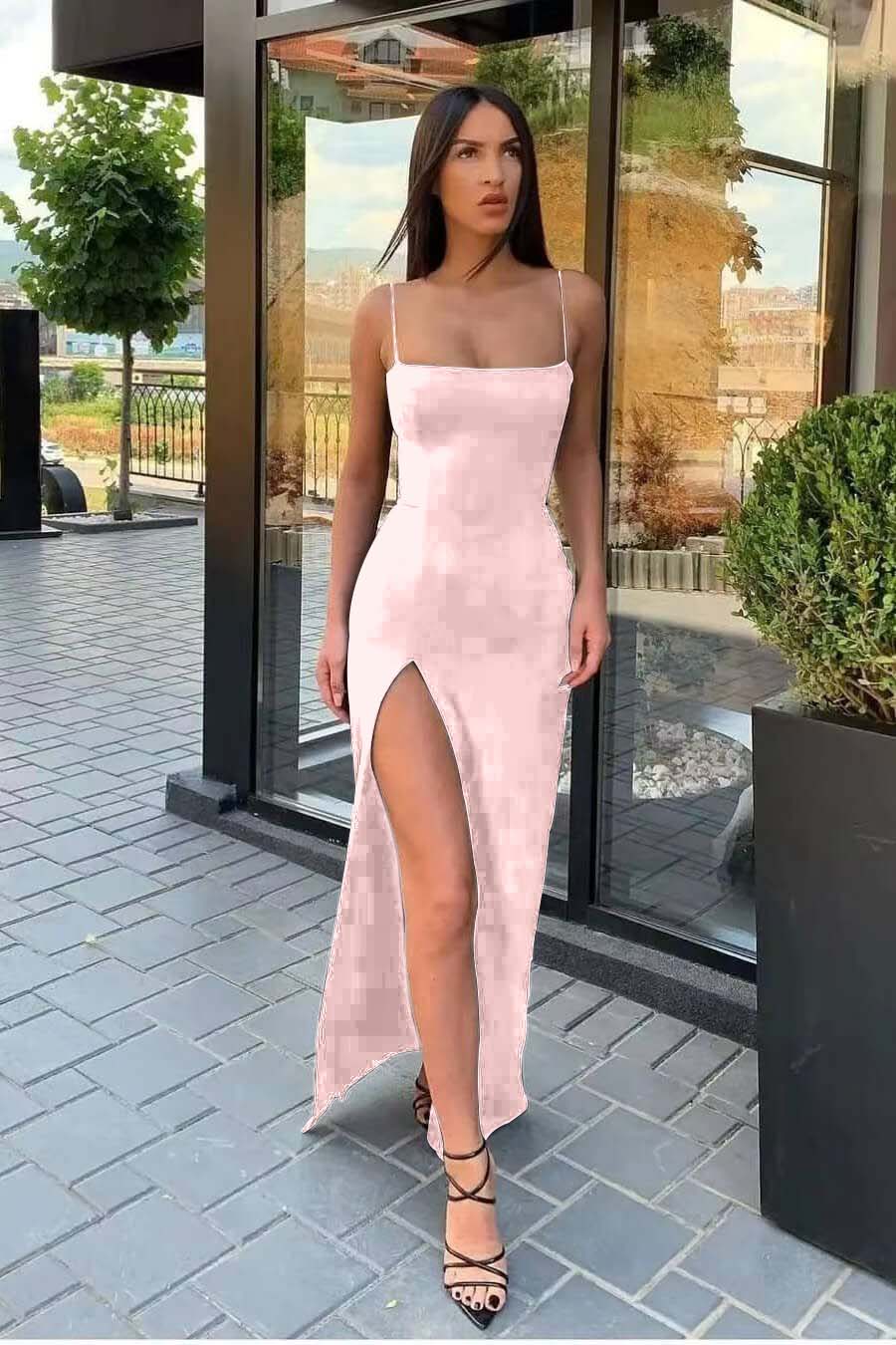 Front Split Evening Dress With Spaghetti-Straps Strapless Black