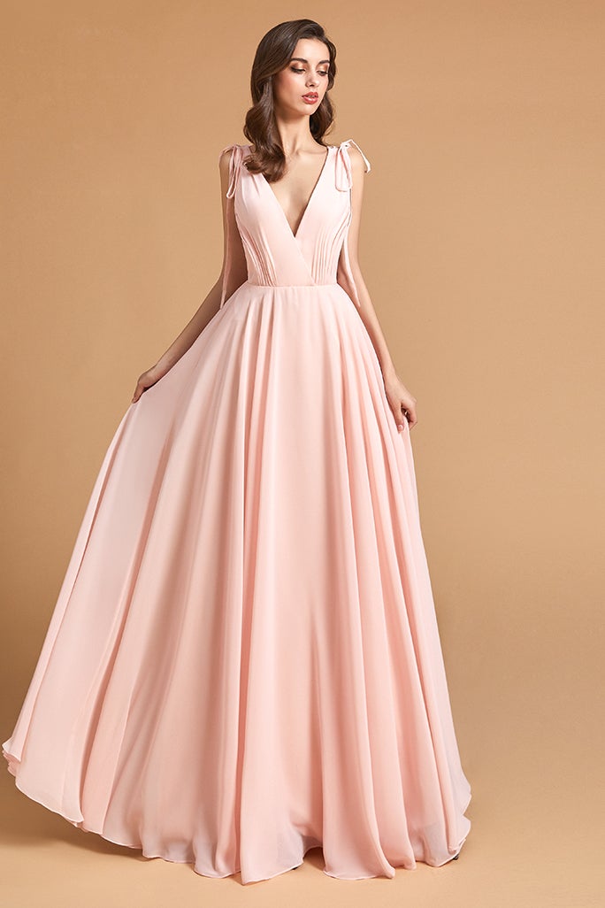 Pink Backless V-Neck Bridesmaid Dress