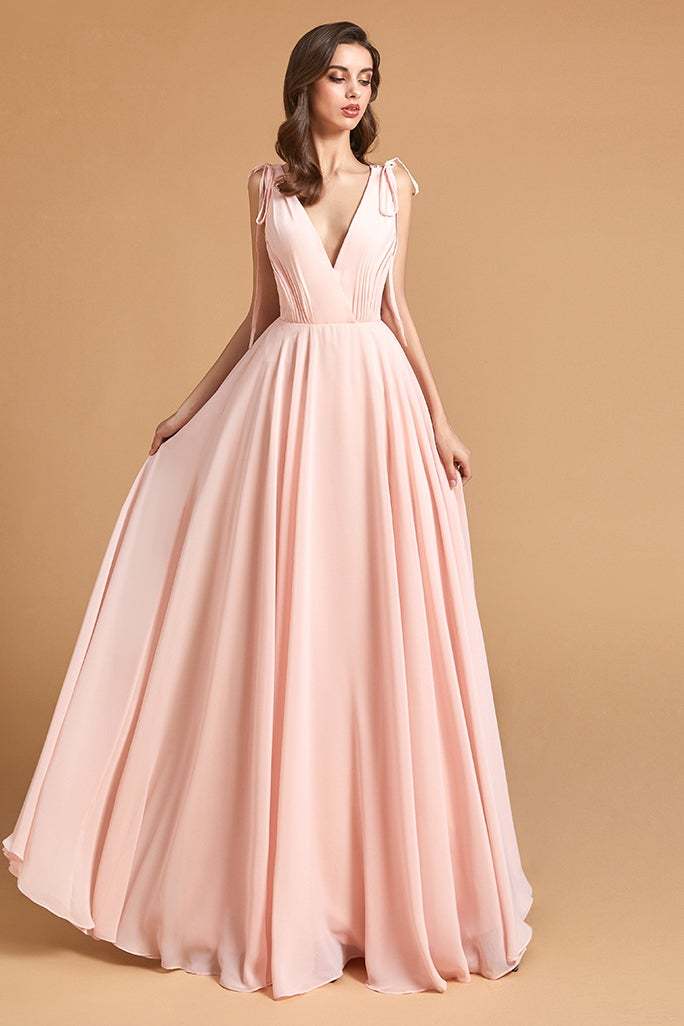 Pink Backless V-Neck Bridesmaid Dress
