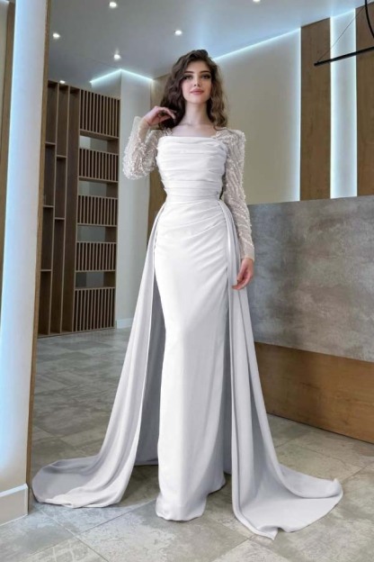 Long Sleeves Square Neck Long Mermaid Formal Dress With Pleated