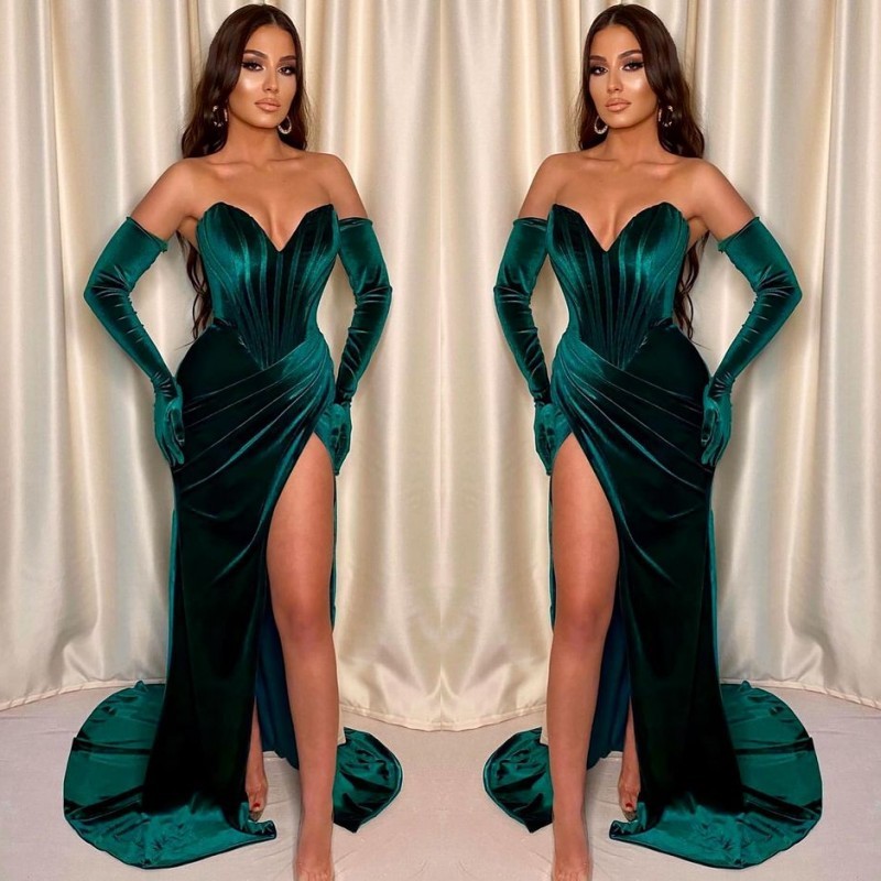 Dark Green Mermaid V-Neck Evening Dress With Sleeveless Front Split