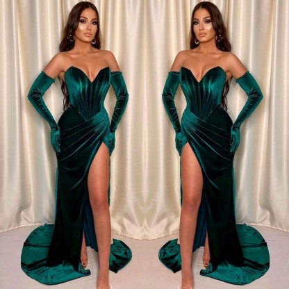 Dark Green Mermaid V-Neck Evening Dress With Sleeveless Front Split