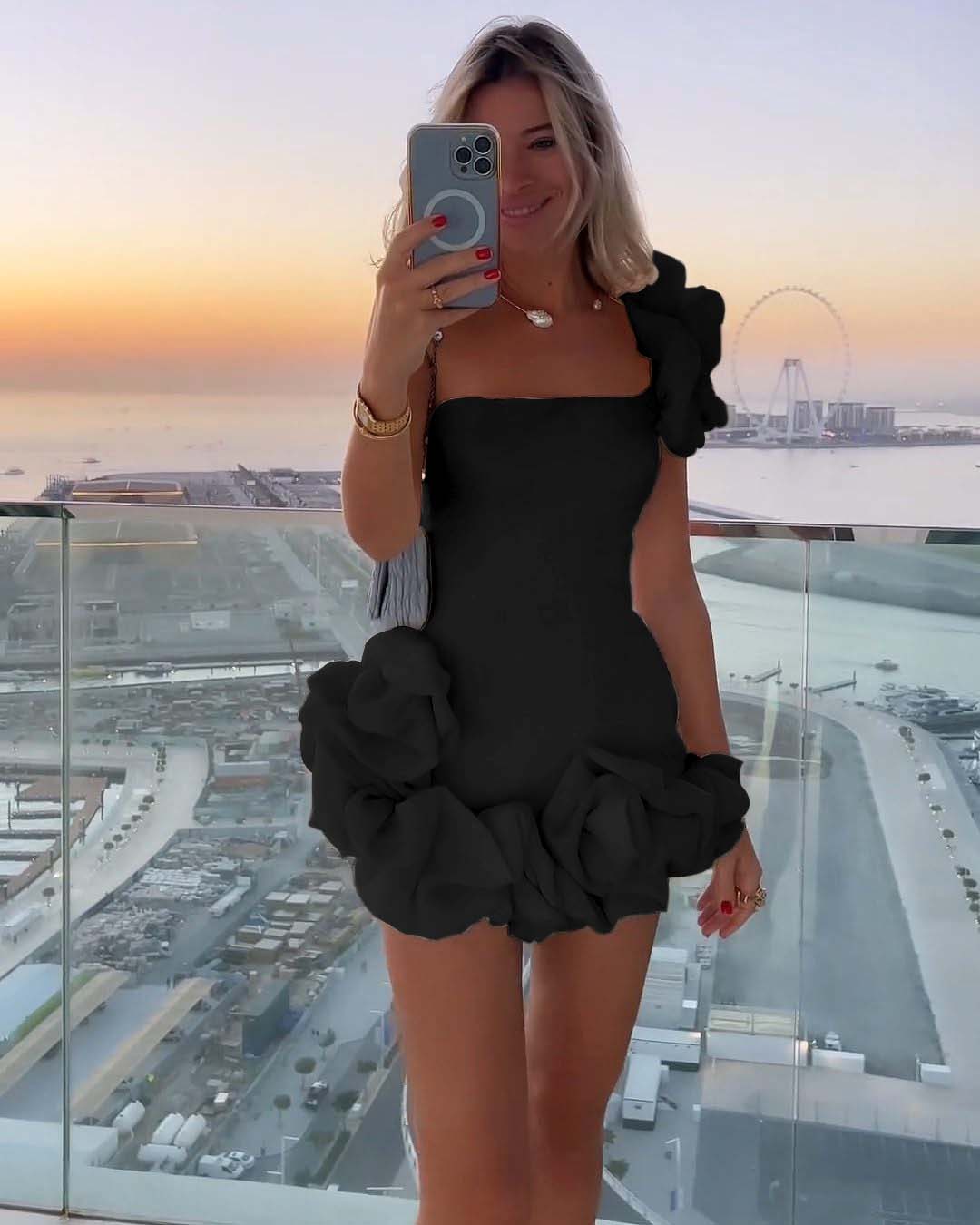 Ivory One-Shoulder Bloom Short Mini cocktail Dress