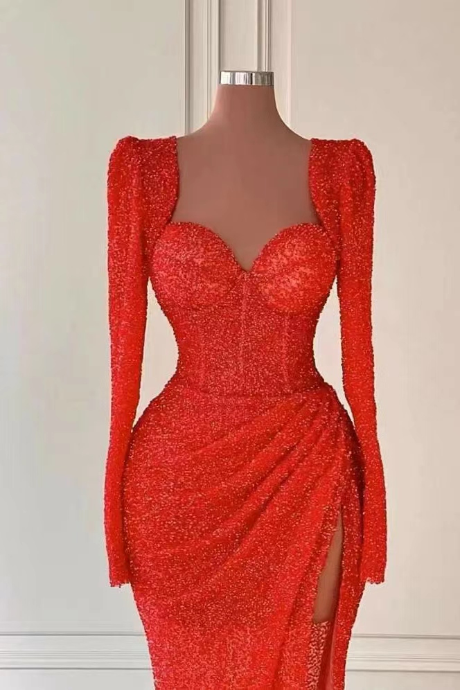 Red Sweetheart Long Sleeves Sequins Mermaid Evening Dress With Split