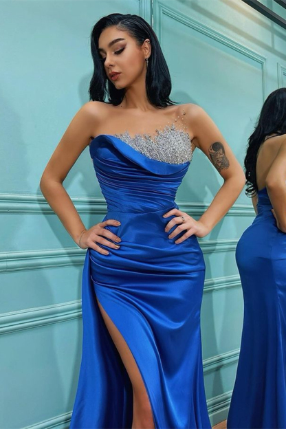 Strapless Sleeveless Split Royal Blue Mermaid Formal Dress With Beading