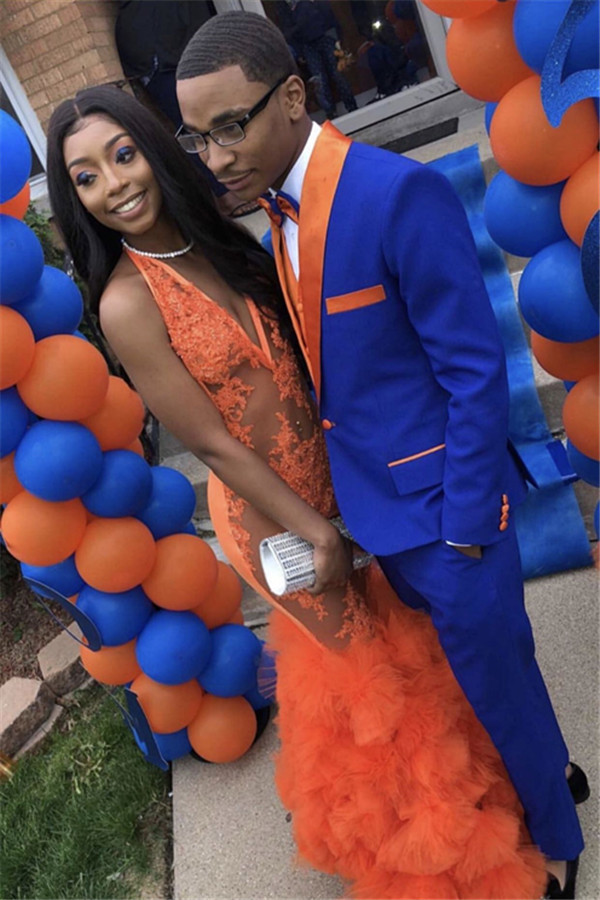 Pretty Royal Blue Beach Wedding Suits Orange Lapel for Groom