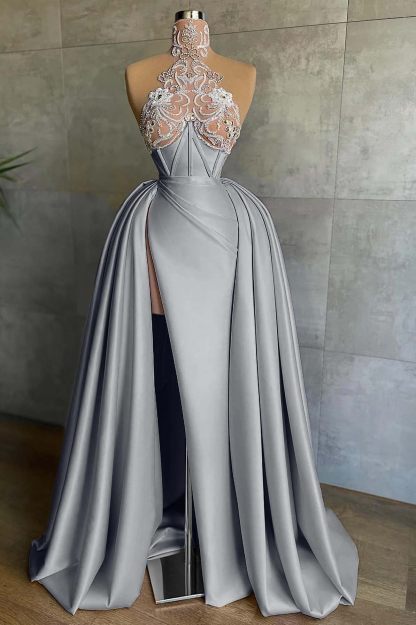 Halter Sleeveless Mermaid Split Long Formal Dress With Appliques