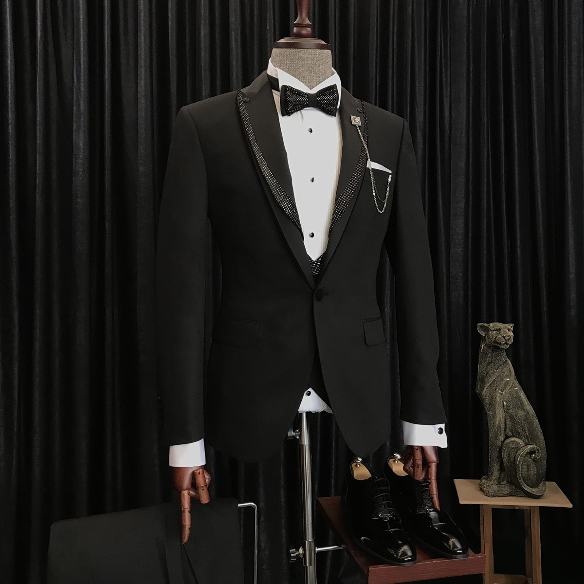 Benjamin Special Design with Sparkle Black Peaked Lapel Black Wedding Suits