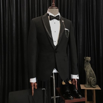 Benjamin Special Design with Sparkle Black Peaked Lapel Black Wedding Suits