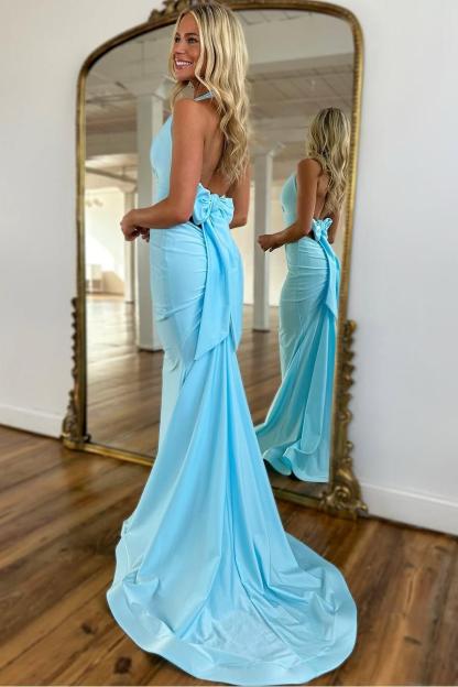 Halter Sleeveless Backless Mermaid Long Formal Dress With Bowknot