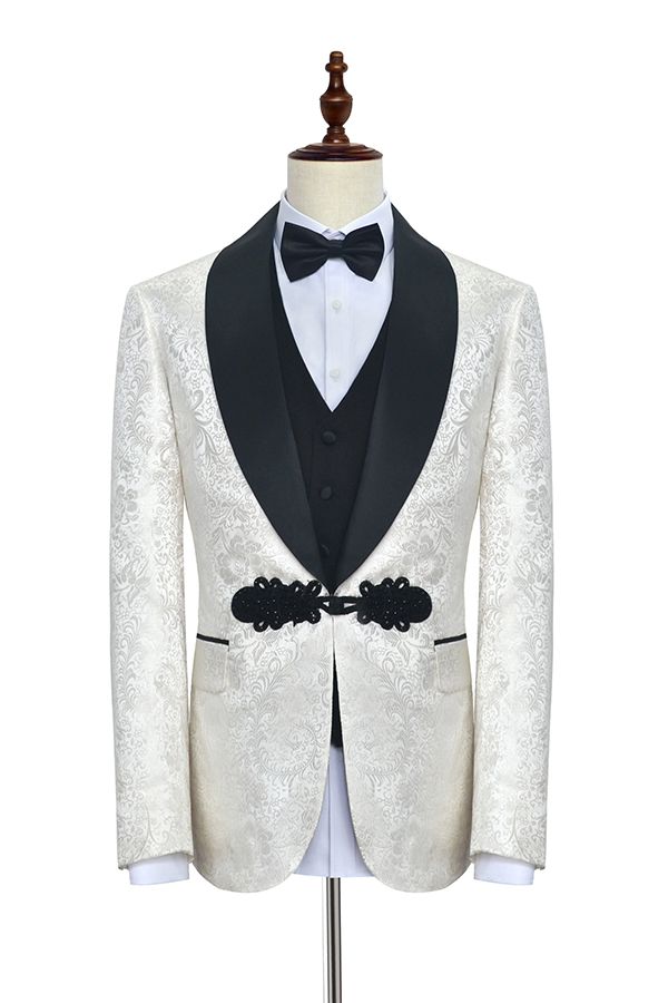 Stylish Knitted Button Black Shawl Lapel White Jacquard Three-Piece Wedding Tuxedo for Men