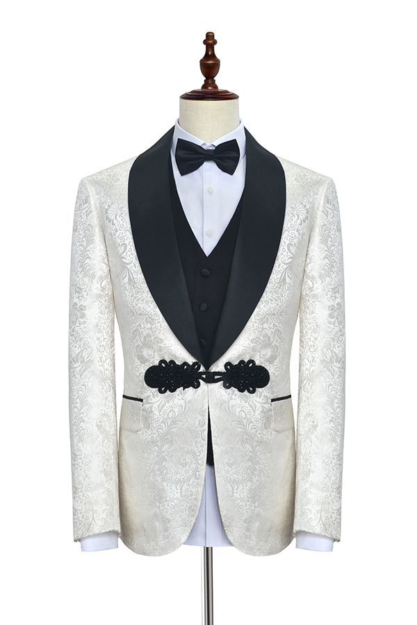 Stylish Knitted Button Black Shawl Lapel White Jacquard Three-Piece Wedding Tuxedo for Men