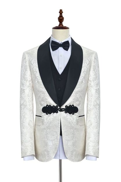 Stylish Knitted Button Black Shawl Lapel White Jacquard Three-Piece Wedding Tuxedo for Men