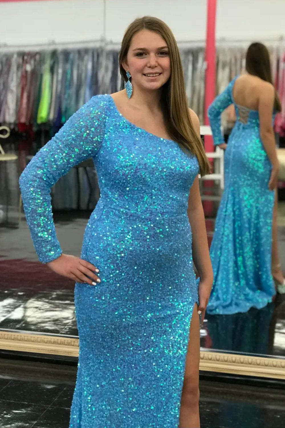 Long Sleeve One-Shoulder Sequined Mermaid Prom Dress with Slit