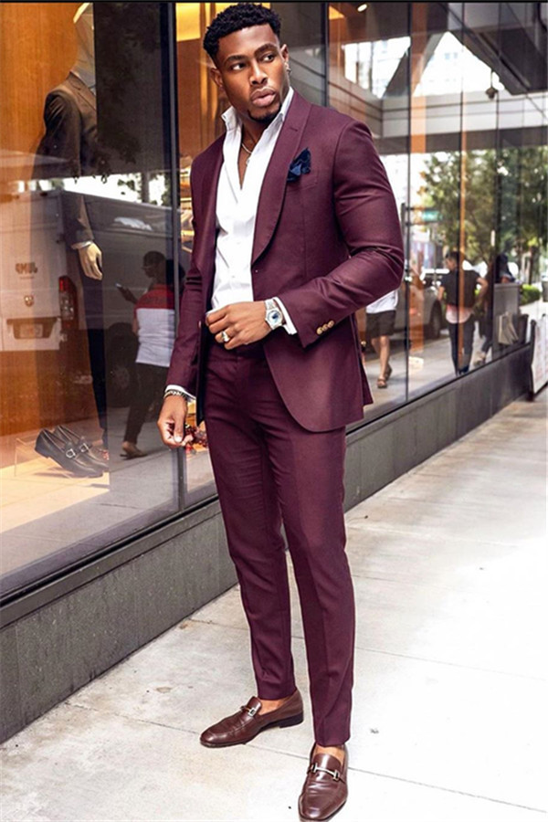 Burgundy Shawl Lapel Two-Piece Business Prom Suit
