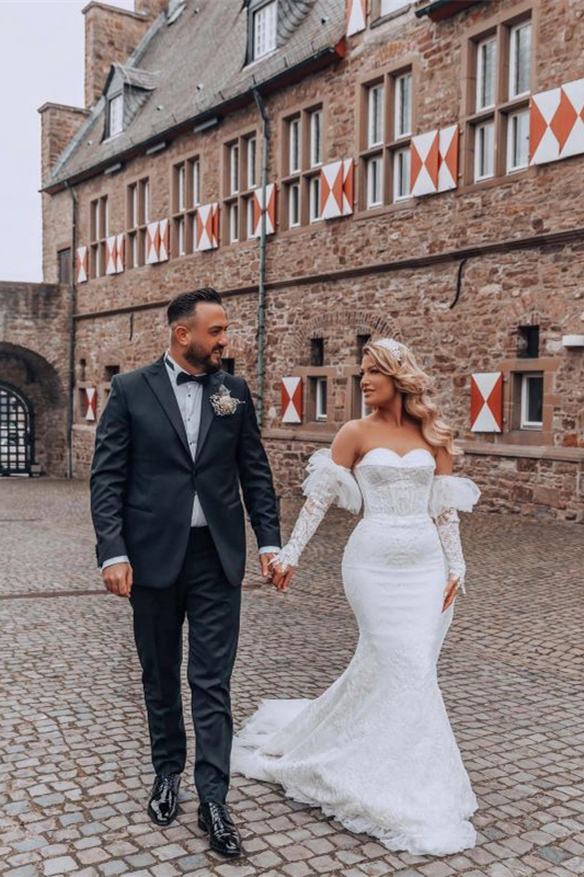 Bubble Mermaid Sleeves Sweetheart Long Wedding Dress with Lace