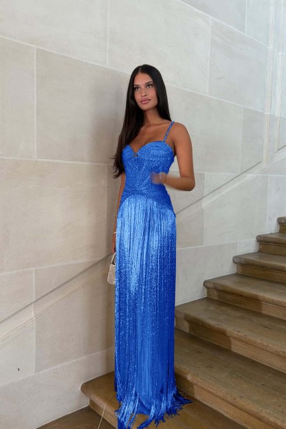 Spaghetti straps Sleeveless Long Formal Dress With Beading Tassel