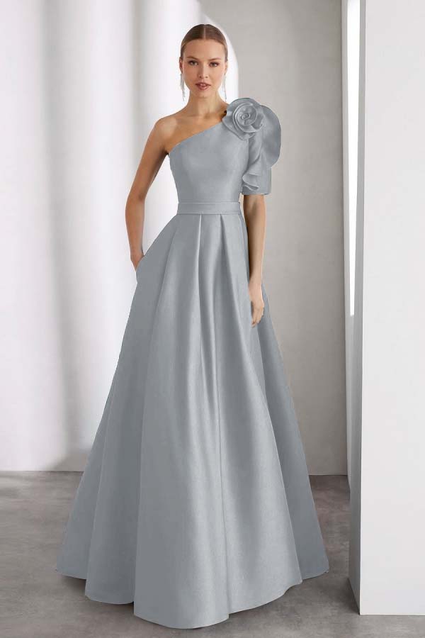 One Shoulder Sleeveless Long A Line Formal Dress With Pockets