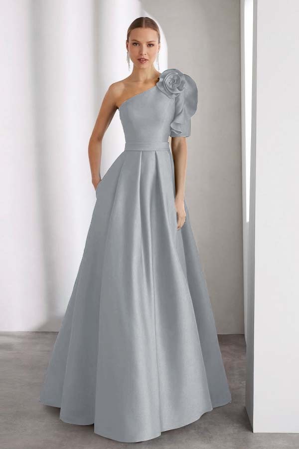 One Shoulder Sleeveless Long A Line Formal Dress With Pockets