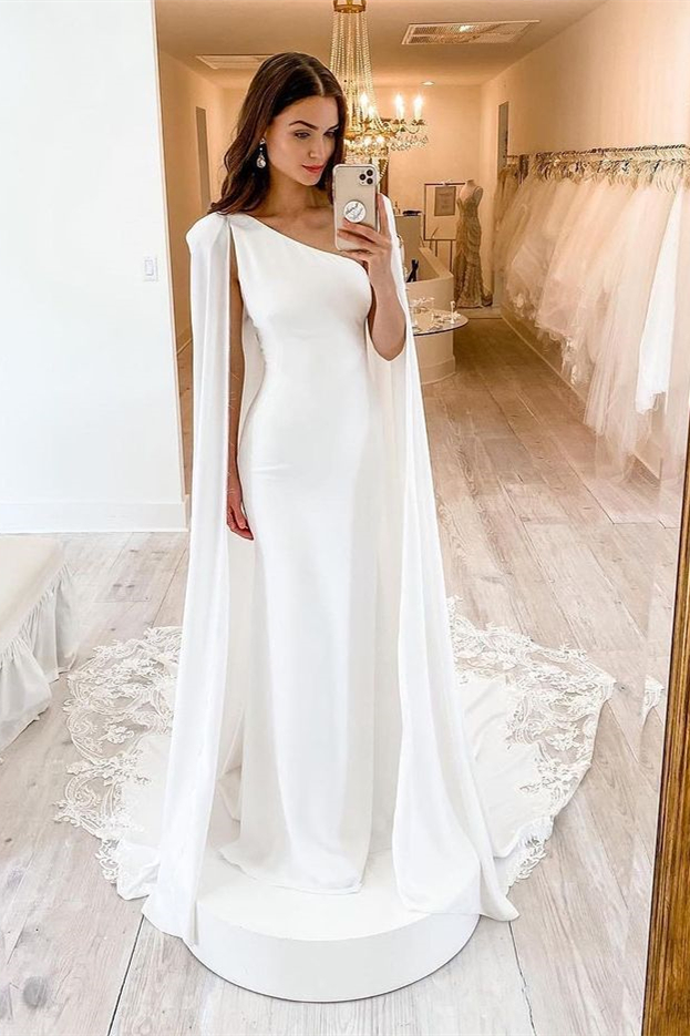 One Shoulder Mermaid Charmeuse Wedding Dress with Lace Watteau