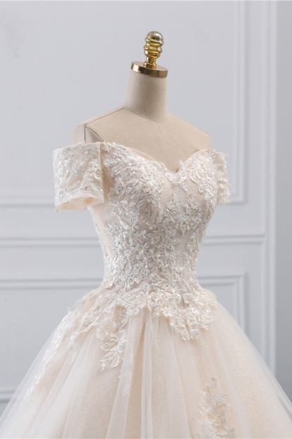Gorgeous Off-the-Shoulder Tulle Princess Long Wedding Dress with Appliques Lace