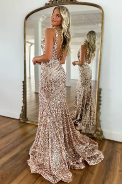Long Prom Dress with Sparkly Blue Mermaid Cut and Red Sequins in Deep V Neck