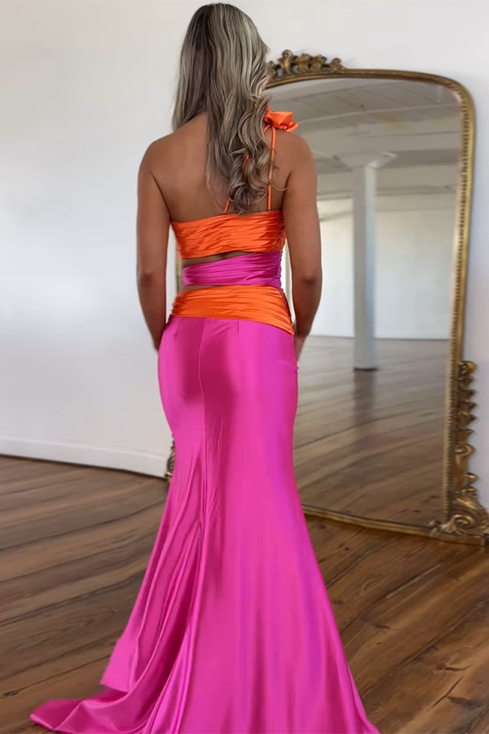 One Shoulder Fuchsia Prom Dress Featuring a Cut Out and Slit