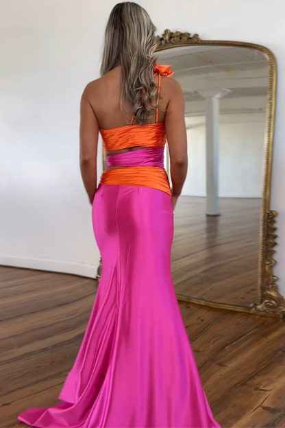 One Shoulder Fuchsia Prom Dress Featuring a Cut Out and Slit