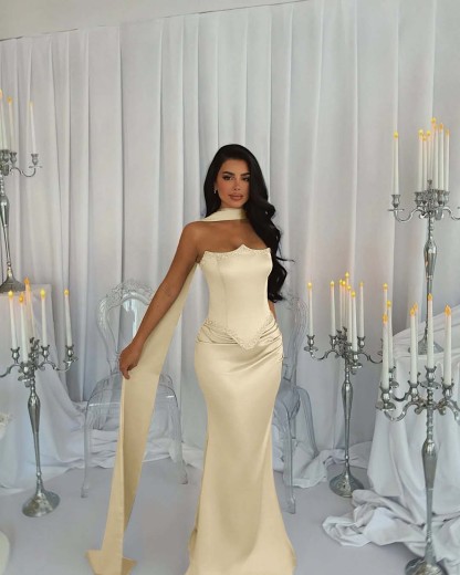 Strapless Sleeveless Long Mermaid Formal Dress With Beading Pleated