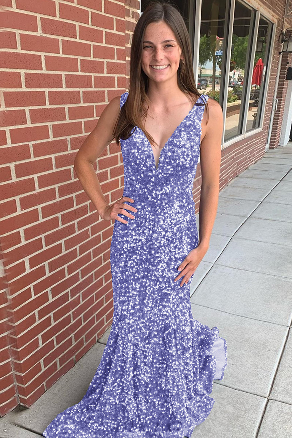 Long Prom Dress with Sequins in Mermaid Blue V-Neck