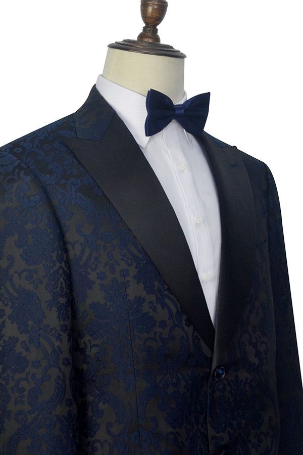 Black Silk Peak Lapel Men's Suits Dark Navy Jacquard Prom Suits for Weddings