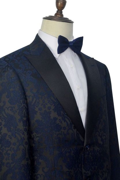Black Silk Peak Lapel Men's Suits Dark Navy Jacquard Prom Suits for Weddings