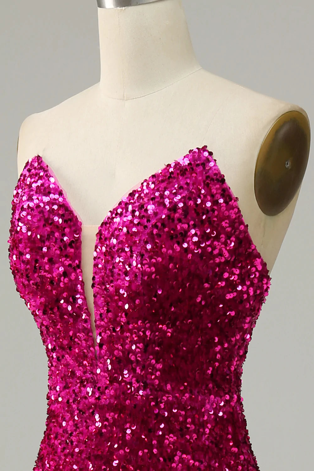 Strapless Sequin Prom Dress in Hot Pink Featuring a Slit
