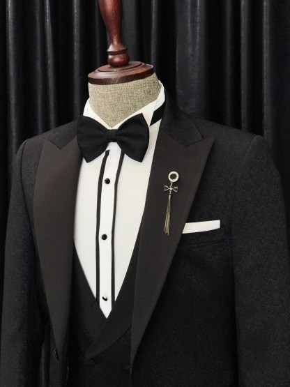 Newest Anthony Black Jacquard Three-Piece Peaked Lapel Wedding Men's Suits