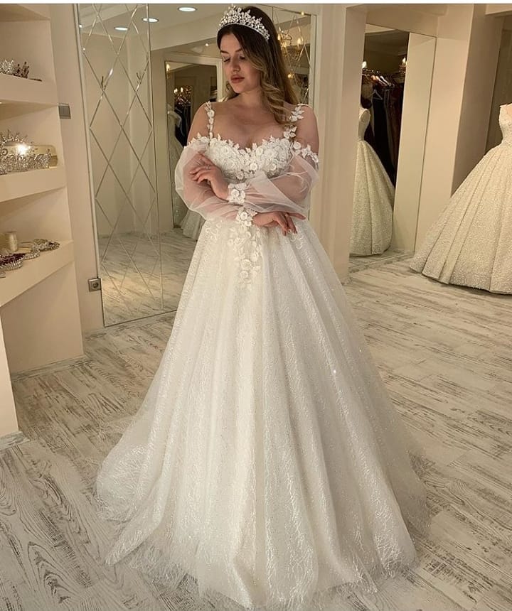 Glitter Spaghetti-Straps Sweetheart A-Line Long Wedding Dress with Sleeves