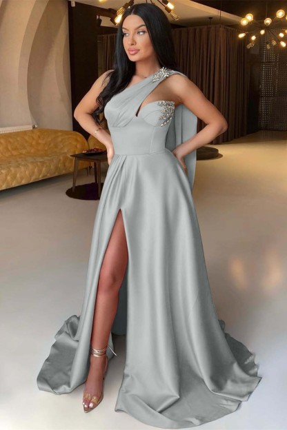 Front Split One Shoulder Sleeveless Mermaid Formal Dress With Beadings Online