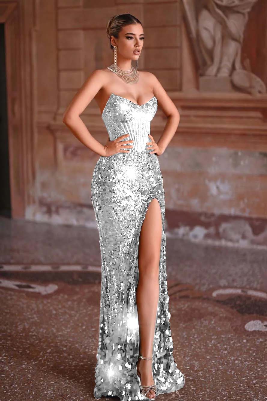 Strapless Sleeveless Long Mermaid Formal Dress With Split Sequins