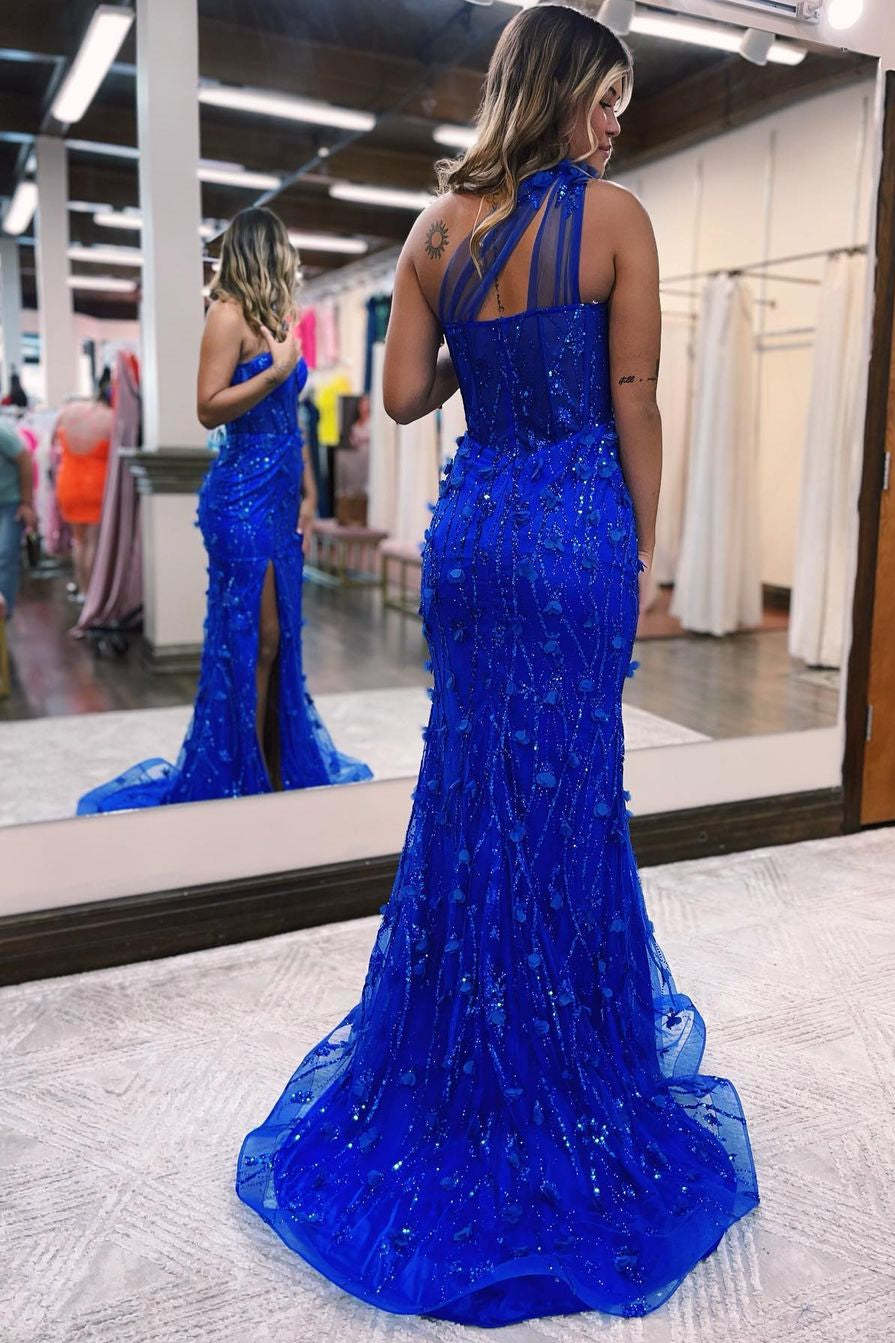 Klein blue One Shoulder Mermaid Split Formal Dress With Flower Appliques