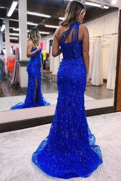 Klein blue One Shoulder Mermaid Split Formal Dress With Flower Appliques