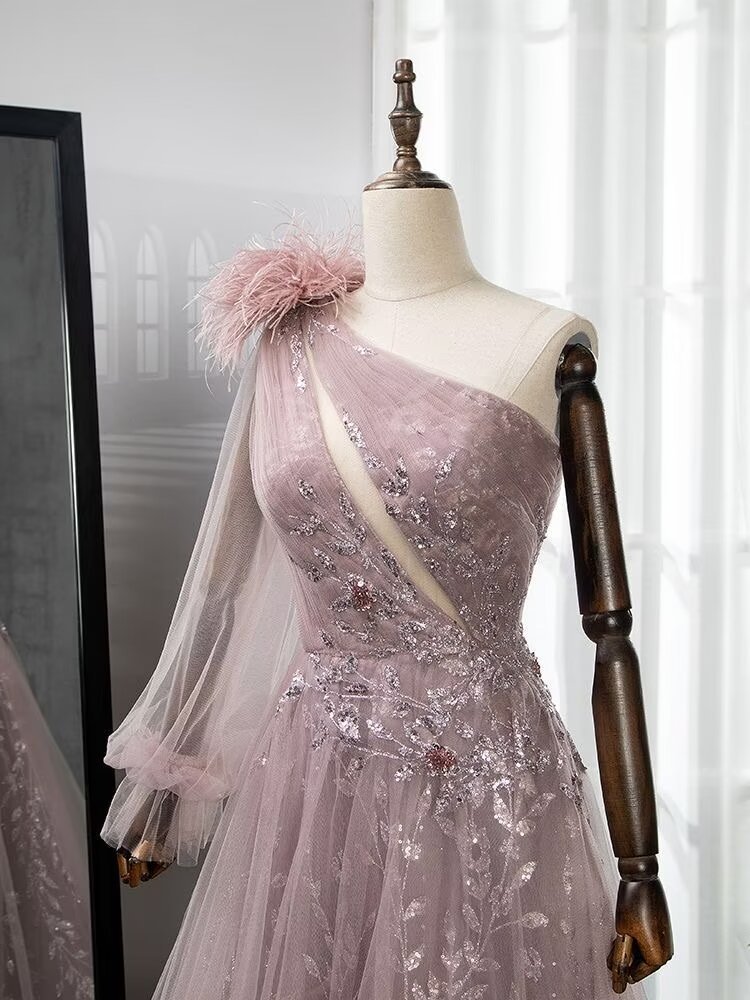 Shinning Blushing Pink One Shoulder Appliques Embroidery Formal Dress