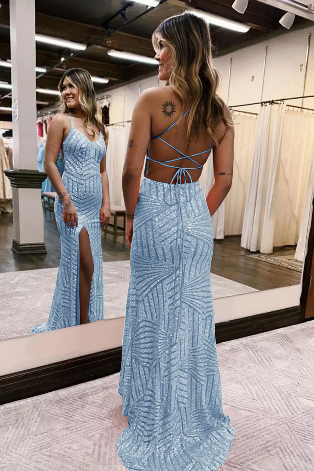 Long Orange Sequined Prom Dress with Criss Cross Back and Sheath Spaghetti Straps