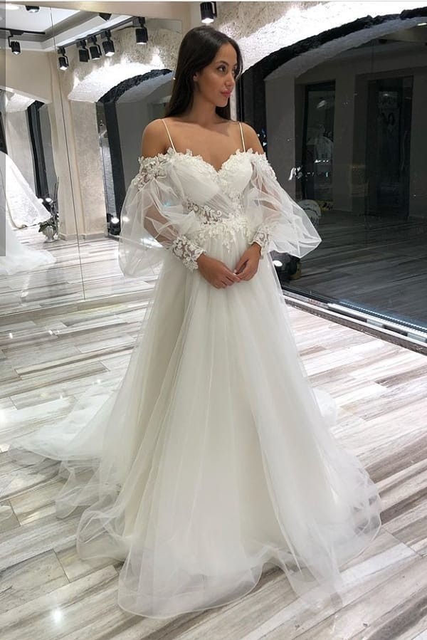 Charming Spaghetti-Straps Off-the-Shoulder Long Sleeves A-Line Wedding Dress Tulle with Appliques Lace