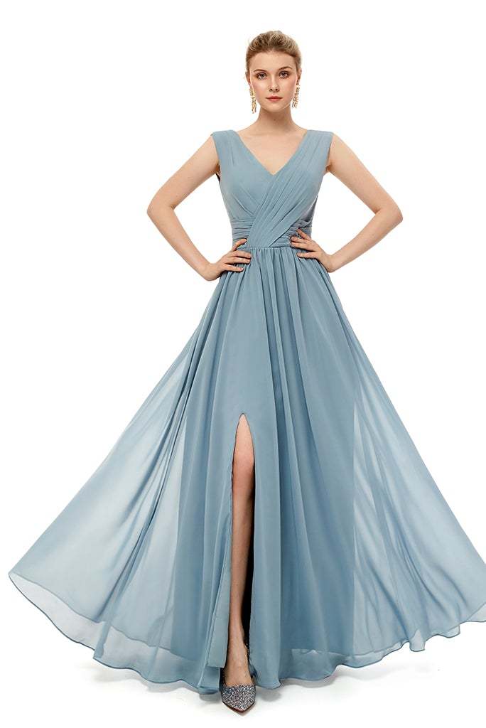 V-Neck Dusty Blue Lace-Up Bridesmaid Dress with Slit