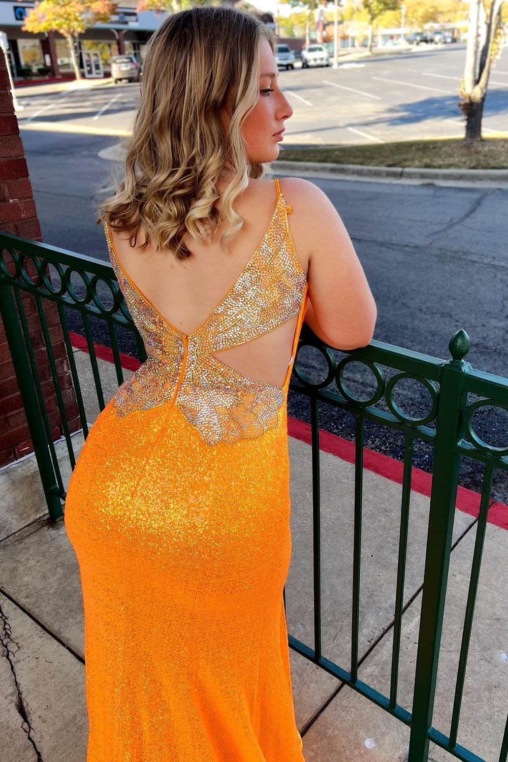 Prom Dress with Orange Sequins and Slit in Mermaid Style