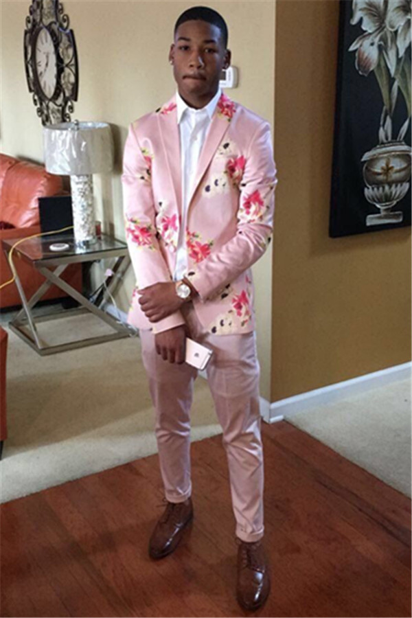 Handsome Pink Groom and Groomsmen Suits with Flower Printed Two Pieces