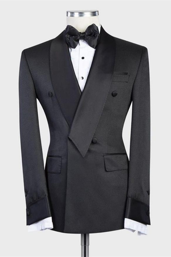 Isaias Stylish Black Double-Breasted Wedding Men's Suit with Shawl Lapel