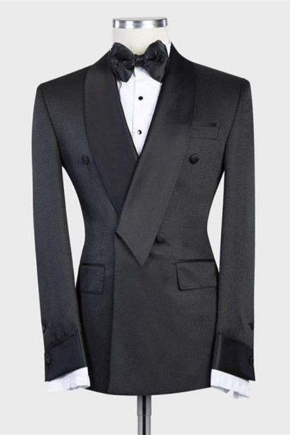 Isaias Stylish Black Double-Breasted Wedding Men's Suit with Shawl Lapel